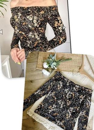 Брендовая блуза лонгслив с открытыми плечами h&m цветы этикетка1 фото