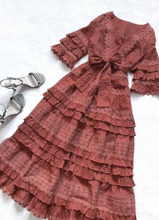 Роскошное эксклюзивное брендовое люксовое платье цвета dusty rose макси длины со вставками прошвой2 фото