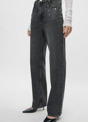 Графітові джинси з камінчиками zarа, цупкі , не тягнуться, рівні штанини , преміальна колекція,