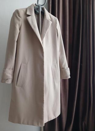 Песочное пальто до колен бежевое капучино женское пальто прямое1 фото