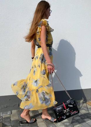 Распродажа 🏷 шифоновое платье миди сарафан с вырезом каре в цветочный принт маки и ремешком3 фото