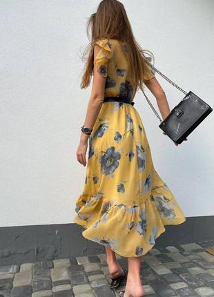Распродажа 🏷 шифоновое платье миди сарафан с вырезом каре в цветочный принт маки и ремешком4 фото
