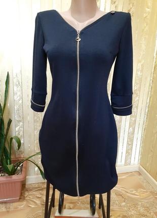 Сукня 💙👗🫐 трикотажная темно-синяя с молниями ровная классическая рукав три четверти