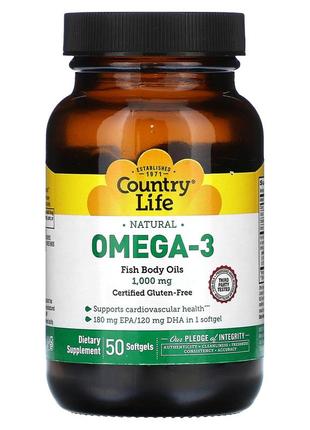 Country life naturals omega 3 1000 мг 50 м'яких таблеток вітамін е епк дгк омега 3 сша clf-044964 фото