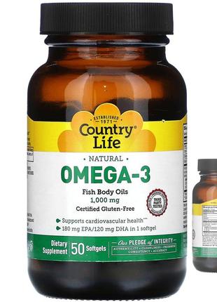 Country life naturals omega 3 1000 мг 50 м'яких таблеток вітамін е епк дгк омега 3 сша clf-04496
