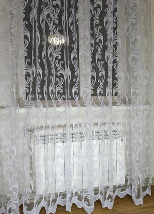 Тюль с вышивкой белая, гардина в зал, спальню, с кордовой нитью, висота 2,80м5 фото