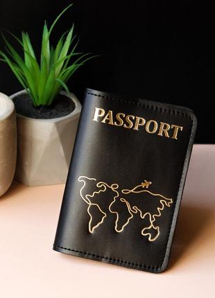 Обкладинка для паспорта "passport+карта світу" чорна з позолотою.
