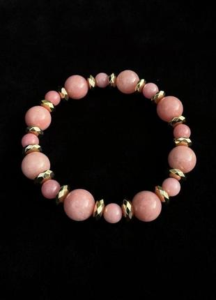 Браслет на резинке натуральный камень турмалин розовый+гематит рондель d-10х6мм+- l-18см