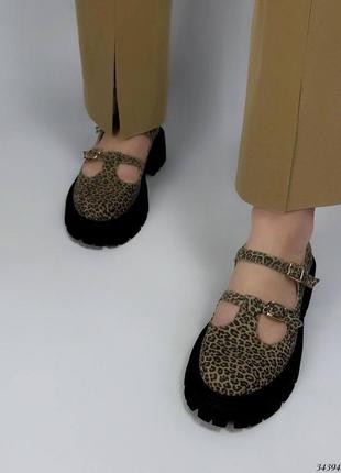 Трендовые туфли лоферы мэри джейн леопардовые замшевые на повышенной тракторной подошве8 фото
