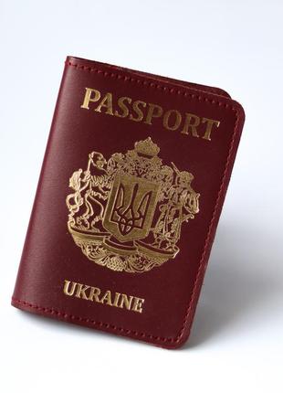 Шкіряна обкладинка для паспорта "великий герб україни",бордо з позолотою.1 фото