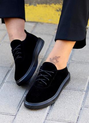 Туфли на шнуровке "elistri" натуральные замшевые / кроссовки замшевые весна женские слипоны черные3 фото