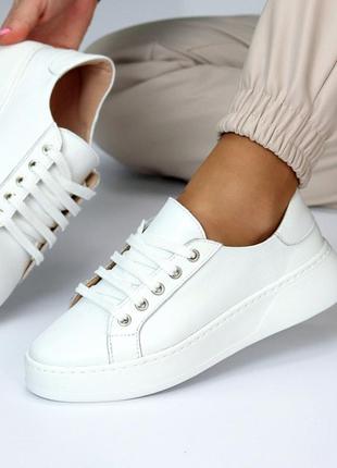 Женские кеды натуральные кожаные на завышенной подошве кроссовки натуральная кожа базовые белого цвета кед