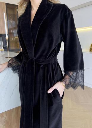 Велюровий жіночий халат з французьким мереживом чорна перлина, чорний2 фото