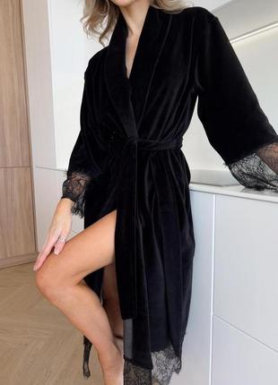 Велюровий жіночий халат з французьким мереживом чорна перлина, чорний4 фото