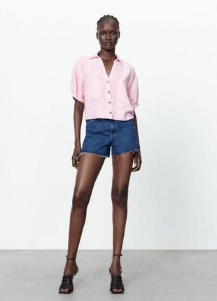 Zara нежная блуза розовая льняная натуральная оверсайз кроп топ рубашка