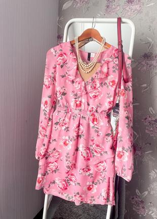 Платье в цветы розовое шифон хс с