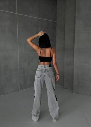 Серые графит женские джинсы палаццо широкие джинсы оверсайз свободного кроя с дырками женские трендовые широкие джинсы4 фото