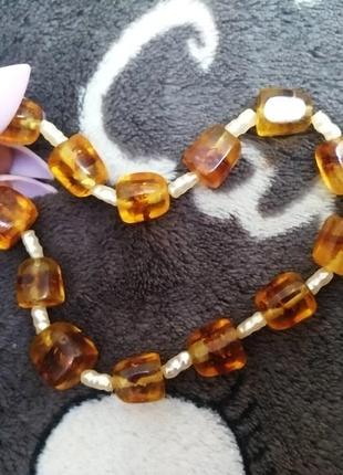 Чокер ожерелье из натурального янтаря и жемчуга