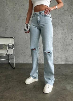 Голубые женские широкие джинсы палаццо оверсайз свободного кроя с разрезами женские джинсы палаццо с дырками на коленях джинс2 фото