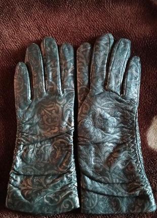 Шкіряні перчатки(s) 6,5-7р. смарагдово-чорно-золоті5 фото