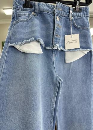 Голубые женские джинсы оверсайз свободного кроя женские джинсы палаццо с разрезами дырками2 фото