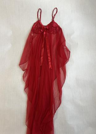 Красный пенюар сетка длинный миди макси пеньюар платье ночнушка на бретелях эротическое романтичное белье с кружевом1 фото