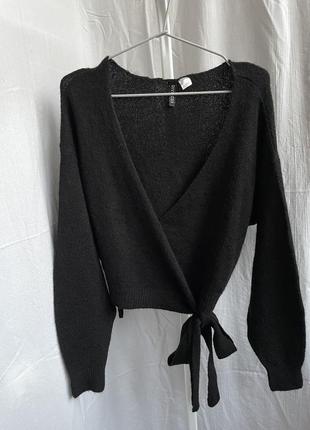 Черный шерстяной свитер h&amp;m на запах кимоно, альпака на завязках широкий фасон