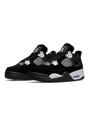 Женские кроссовки nike air jordan 4 retro black white черные спортивные кеды из натурального нубука найк4 фото