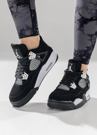 Женские кроссовки nike air jordan 4 retro black white черные спортивные кеды из натурального нубука найк8 фото