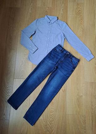 Набор для мальчика/синие джинсы для мальчика/серая рубашка с длинным рукавом для мальчика3 фото