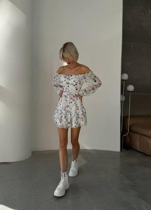 Шифоновое платье с имитацией корсета с цветочным принтом, платье мини с открытыми плечами3 фото