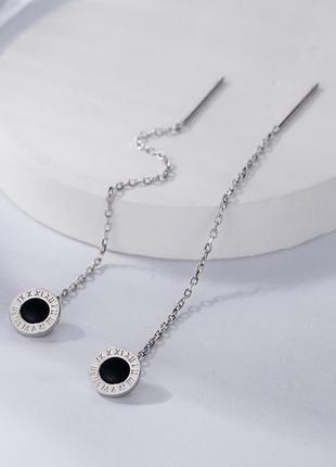 Сережки-протяжки срібні римські цифри з чорною емаллю, довгі сережки-ниточки 7.5 см, срібло 925 проби3 фото