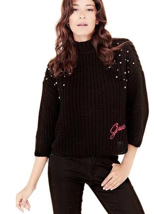Guess чорний жіночий светр об’ємний светрик вʼязка вишитий логотип