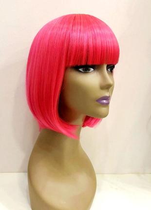 Парик яркий розовый каре ровный прямой с пробором термостойкие волосы + шапочка под парик в подарок!2 фото