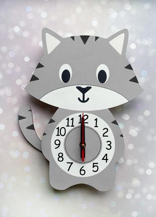 Детские часы настенные с маятником :: кот серый (33х28 см)