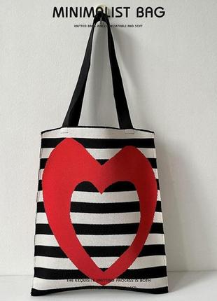 Тренд стильна жіноча в'язана текстильна сумка шопер на плече графічний принт серце1 фото