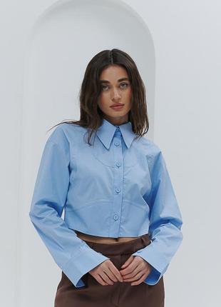 Жіноча укорочена сорочка блакитна зі швами спереду9 фото