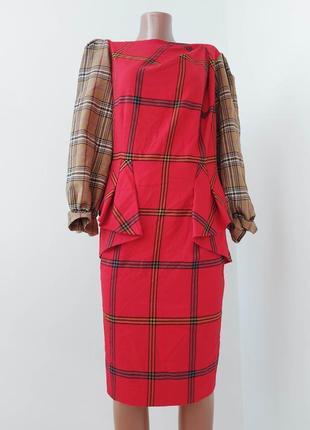Натуральное красное платье клетку , с принтом , wool  тренд сезона1 фото