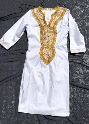 Красивое белое этно платье с золотой вышивкой плотный коттон1 фото