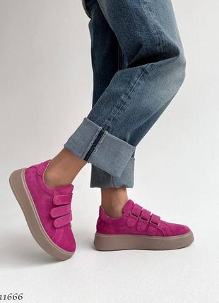 Рожеві фуксія жіночі кросівки кеди на липучках на потовщенній підошві з натуральної замші8 фото