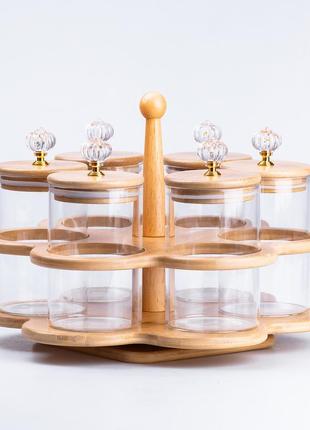 Банки для сипучих продуктів набір із 6 шт скляні на дерев'яній підставці