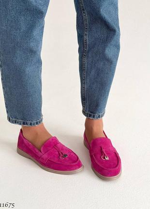 Фуксія рожеві жіночі лофери туфлі мокасини з натуральної замші3 фото