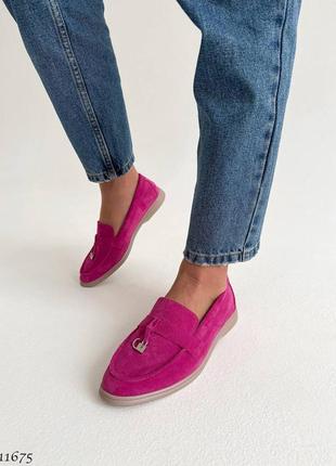 Фуксія рожеві жіночі лофери туфлі мокасини з натуральної замші10 фото