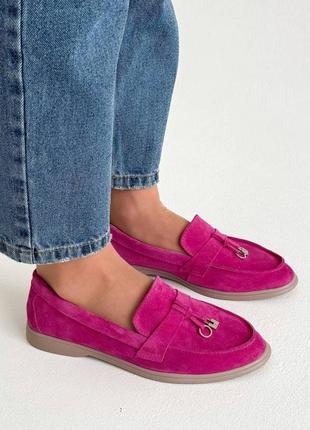 Фуксия розовые женские лоферы туфли мокасины из натуральной замши