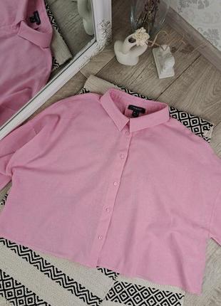 Брендовая стильная укороченная розовая рубашка блуза свободного кроя primark🩷5 фото