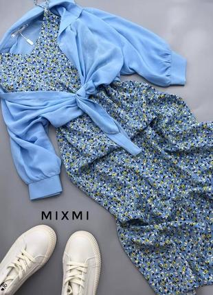 Весняний костюм двійка: сорочка укорочена на завʼязці і сукня на бретельках вільного крою міді, блакитний оливковий малиновий стильний трендовий