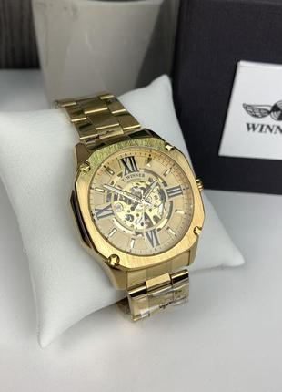 Качественные мужские механические часы winner gmt-1159 gold золото,наручные часы виннер скелетон 20221 фото
