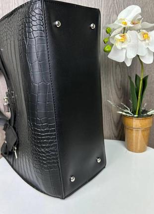 Большая женская сумка под рептилию с декоративным замком черная. сумочка на плечо рептилия крокодил замочек8 фото