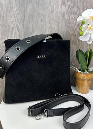 Женская замшевая сумка стиль zara, сумочка зара черная натуральная замша3 фото