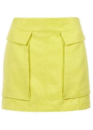 Юбка трапеция с накладными карманами желтая яркая мини юбка